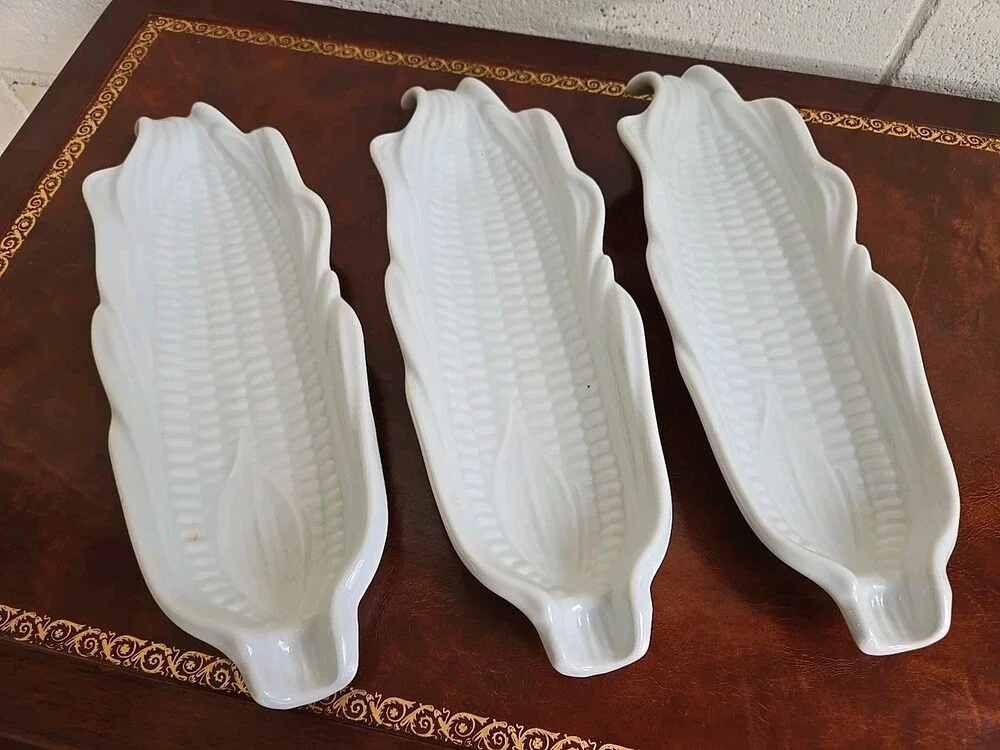MCM Set Of 3 White Ceramic Corn On The Cob Plates Farmhouse Decor